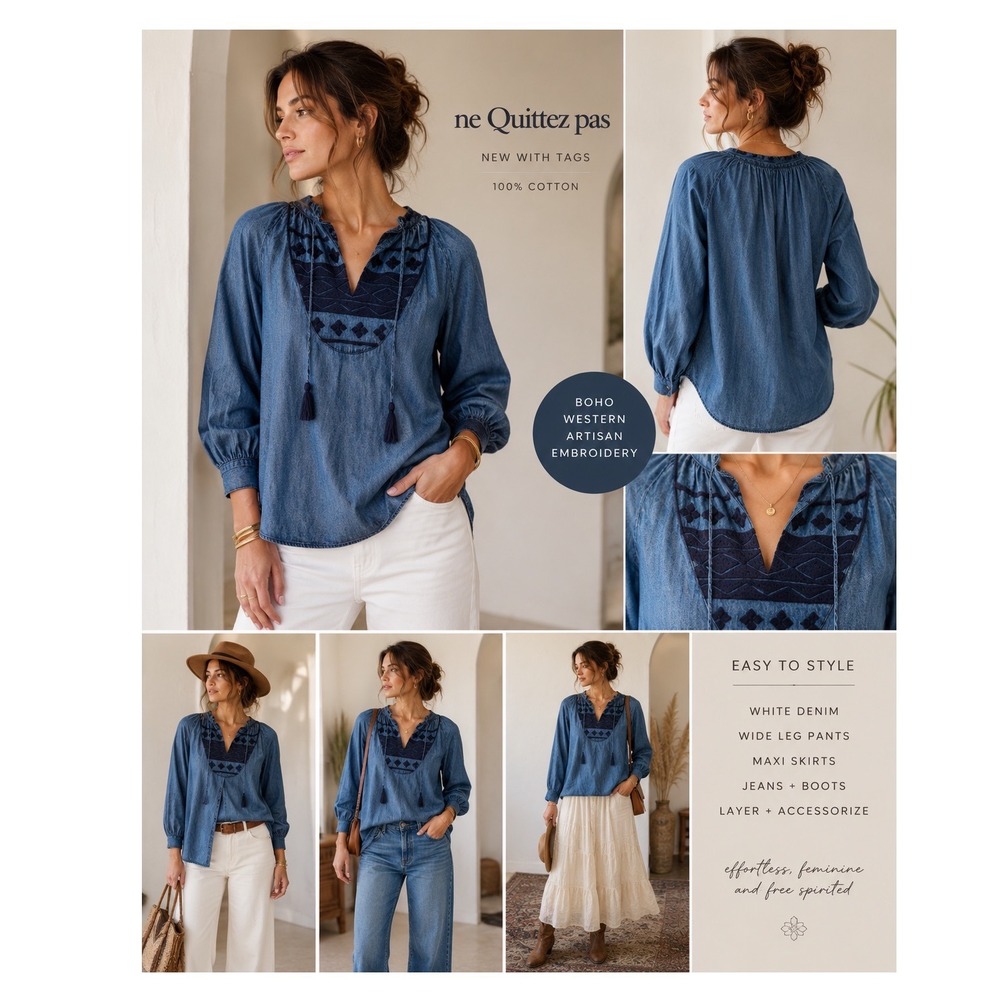 Ne Quittez Pas Hallie NWT Embroidered Denim Blouse M Boho Western Tassel